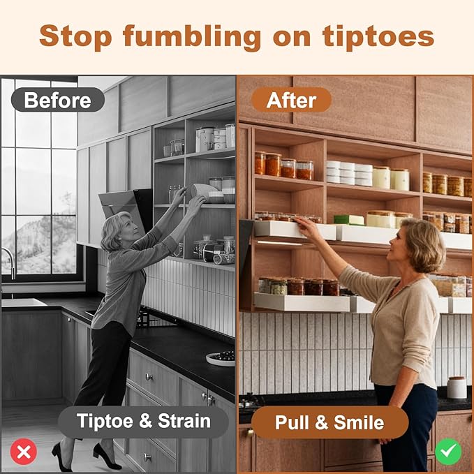 Fokyfok Pull out Cabinet Organizer,Width (11"-18") and Depth (10"-13") Expandable,No Drill Adjustable Slide out Drawers for Pantry,Adhesive Roll out Shelves Short,for upper cabinet,White（1PC）