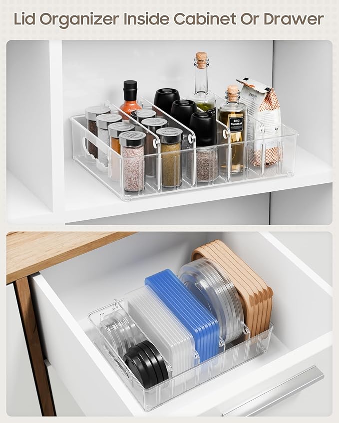 LYNG Lid Organizers Inside Cabinet, Clear Plastic Storage Lid Organizer With 4 Adjustable Dividers, Food Container Lid Organizer For Kitchen Pantry Blue