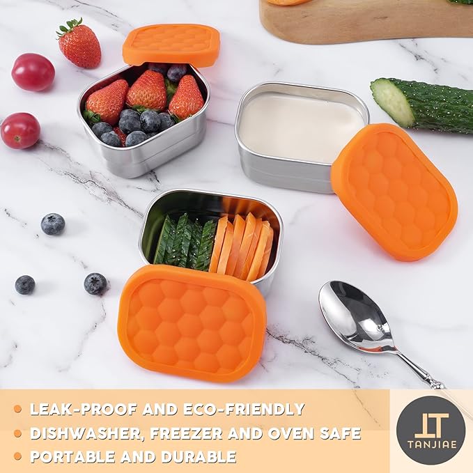 Tanjiae Small (1 CUP) Stainless Steel Snack Containers for Kids | Easy Open Leak Proof Food Containers with Silicone Lids - Perfect Metal Toddler Lunch Box for Daycare and School (8oz)