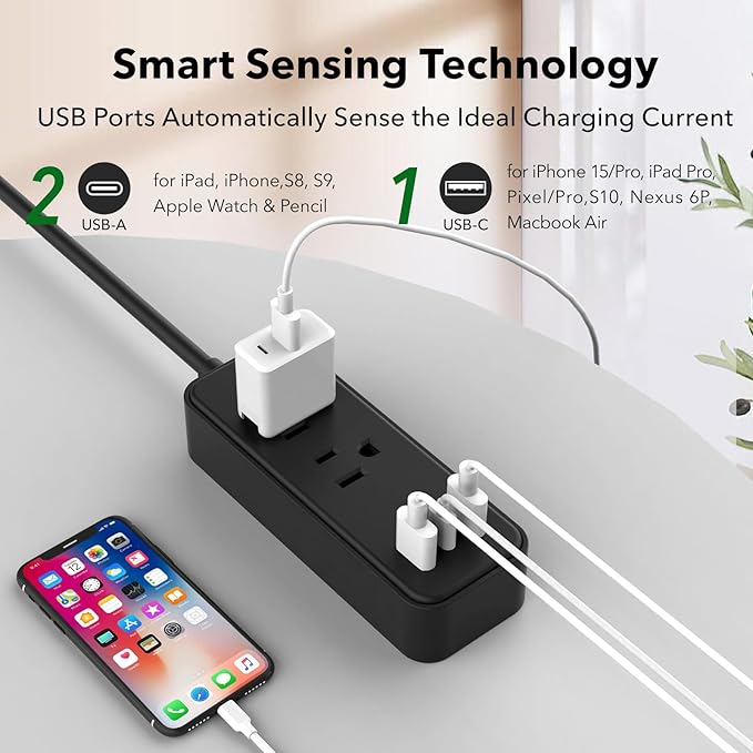 Clear Power 2-Outlet Power Strip with 3 USB Ports(1 USB-C), Flat Plug, 6 ft Power Cord, Compact USB Charging Hub, Desktop Charging Station with USB C, Black, DC3S-1202-DC