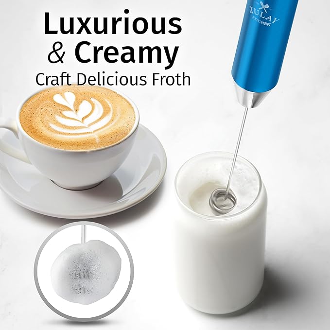 Zulay Kitchen Rechargeable Milk Frother Handheld - Frother Wand, Drink Mixer, Electric Whisk Frother, for Cappuccinos, Matcha & Protein Powder - Lux 4 Whisk 2 Speed Waterproof 2000mAh Metallic Blue
