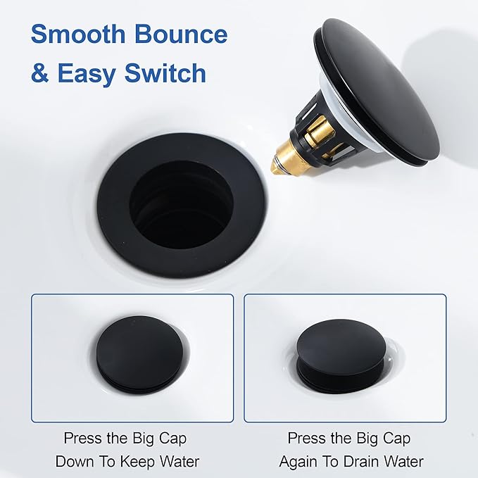 Universal Bathroom Sink Stopper - Pop Up Sink Drain Stopper, Push Button Flixfilter Sink Drain Stopper Replacement, Wash Basin Drain Filter Plug Anti-Clogging Basket, Matte Black