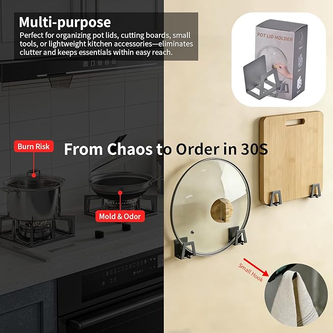 6 Pack Pot Lid Holders with Hook, Pot and Pan Hangers for Kitchen Inside Cabinet Wall Mount Rack Cabinet Door Lid Organizer, Save More Space, Grey