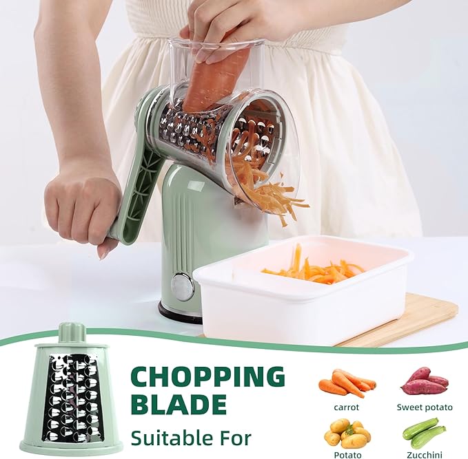 Rotary Cheese Grater with Handle, Vegetable Shredder with 5 Replaceable Blades & Strong Suction Base, Round Food Slicer & Chopper for Kitchen Fruit Vegetables Nuts with Blade Storage Box (Green)
