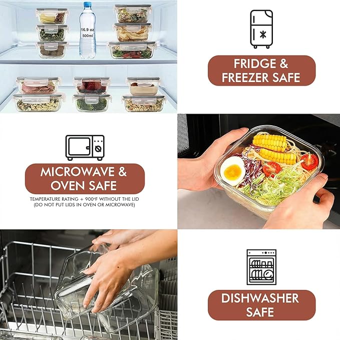 Razab 24 Pc Airtight Glass Food Storage Containers - Glass Meal Prep Containers - Freezer to Oven Safe - Steam Release Valve BPA Free - Airtight Bento Boxes - Leak Proof (12 lids & 12 Containers)