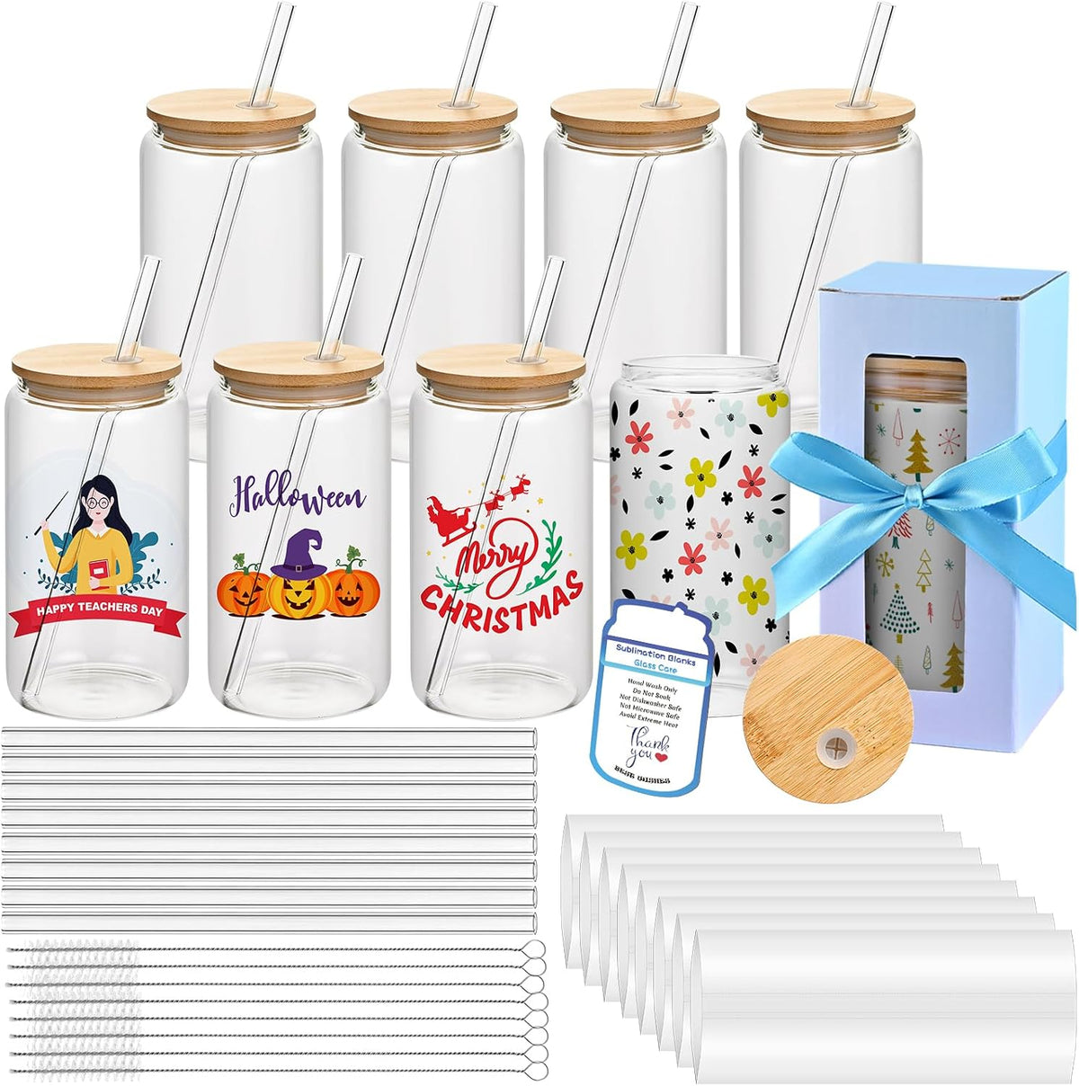 16oz Clear Sublimation Glass Tumbler with Bamboo Lid & Straw, 8-Pack