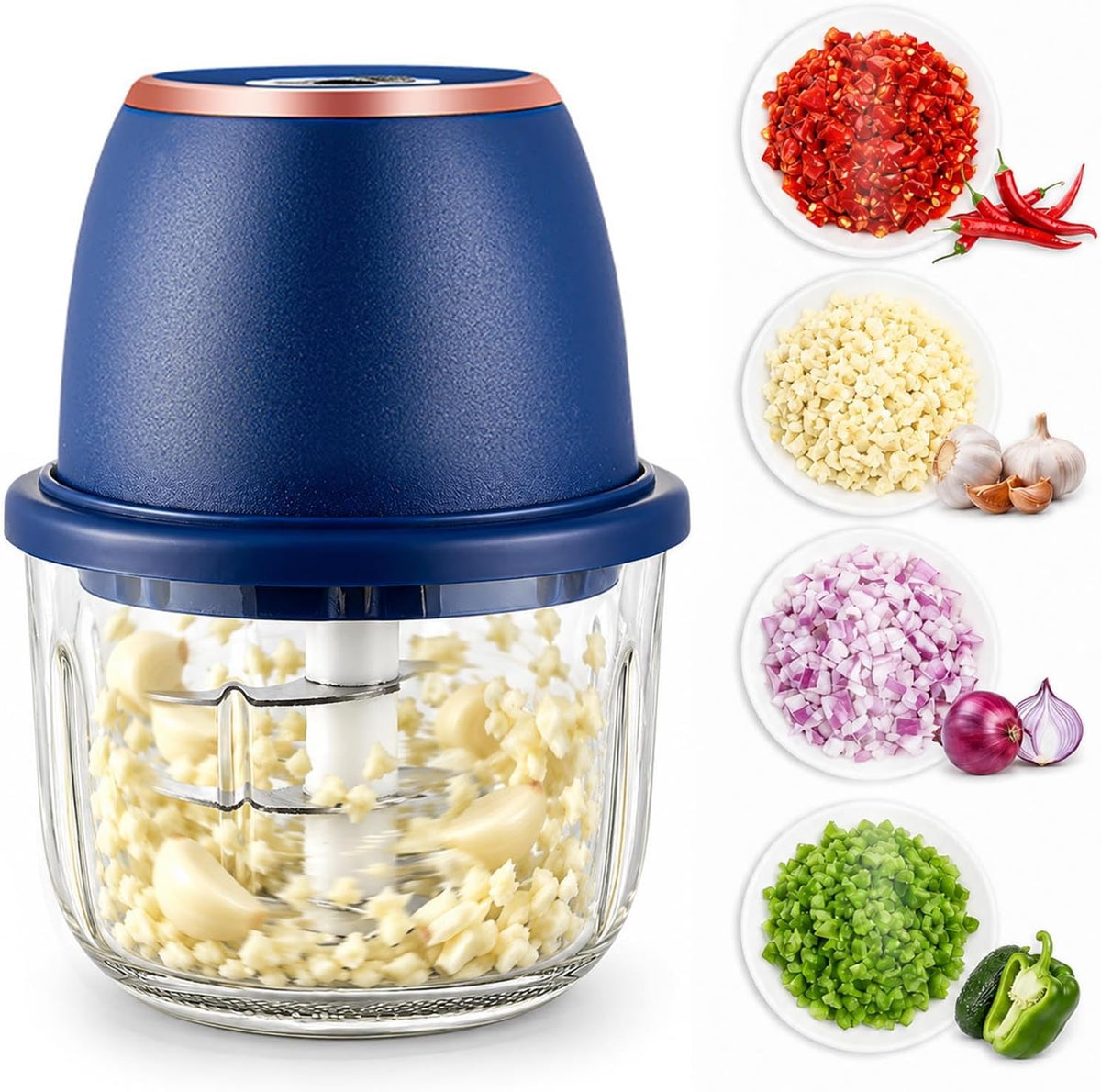 Electric Garlic Chopper, 350 mL, 6-Blade, USB Rechargeable, Blue