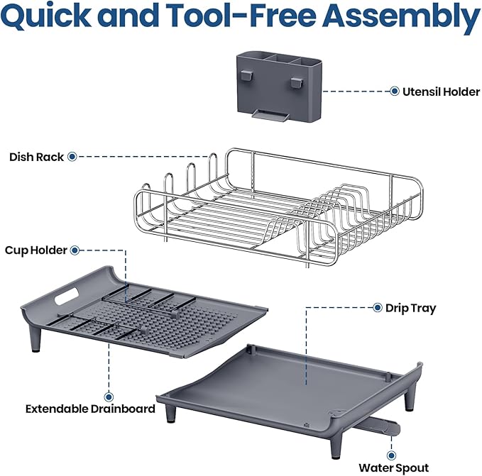 TOOLF Expandable Dish Rack, Dish Drying Rack for Kitchen Counter, Foldable Dish Dryer Rack, Stainless Steel Dish Drainer Racks with Cutlery Holder, Collapsible Dish Drying Racks Large Size,Gray