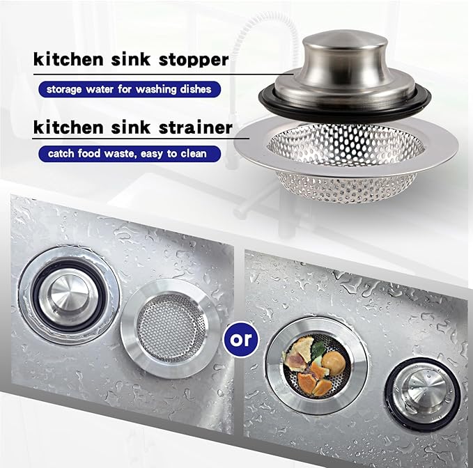RQYEKDO Polished Kitchen Sink Strainers Sink Stopper Kits, Stainless Steel Sink Drain Strainer Set,Large Wide Rim 4.4" Diameter Food Catcher Garbage Disposal Plug for Most Sink Drains Basket Filter