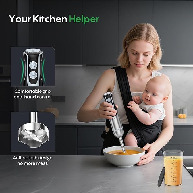 FRESKO Immersion Handheld Blender 500W with 700ml Beaker, 12-Speed & Turbo Mode Hand Blender Stick, 304 Stainless Steel Blades for Soup, Smoothie, Puree, Baby Food
