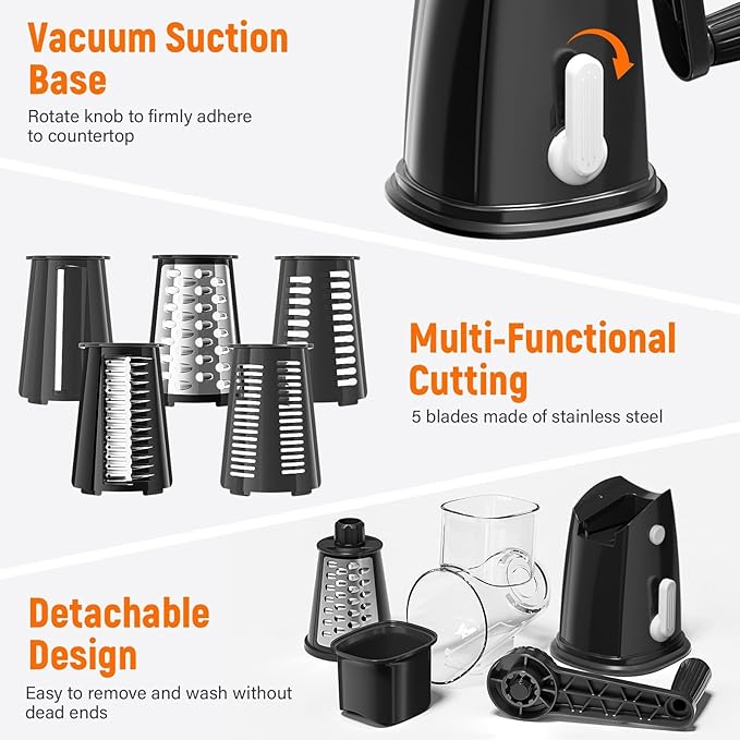 5 Blades Rotary Cheese Grater Hand Crank Vegetable Chopper Shredder Spiralizer Slicer Mandoline for Vegetable & Cheese & Fruit, Food Chopper for Kitchen with Blades Storage Box & Suction Base (Black)