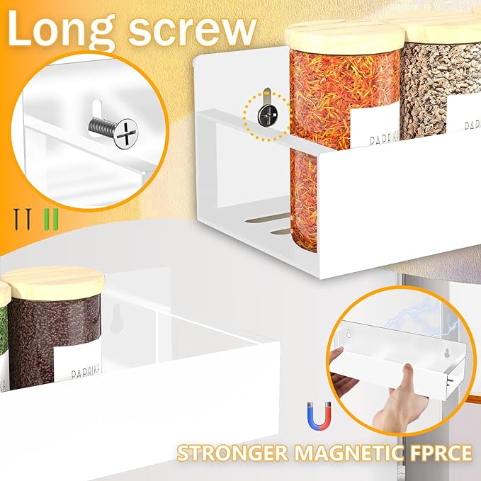 SMRCAD Magnetic Spice Rack Organizer for Fridge Seasoning Organizer for Kitchen storage with Screw Magnetic Shelf with Hook for Refrigerator and Oven (4pack1hook-White)