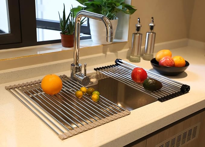 Ahyuan Corner Sink Dish Drainer Over The Sink Dish Drying Rack Corner Dish Rack SUS304 Cubic Stainless Still Kitchen Sponge Holder Corner Sink Sponge Caddy Dish Rack (Light Gray)