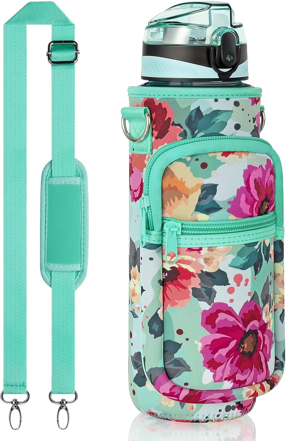 32 oz Water Bottle with Sleeve - BPA Free Leakproof Sport Large 1L Plastic Motivational Water Bottle with Straw Strap & Insulated Neoprene Holder Carrier Bag Great Xmas Gift for Women Men