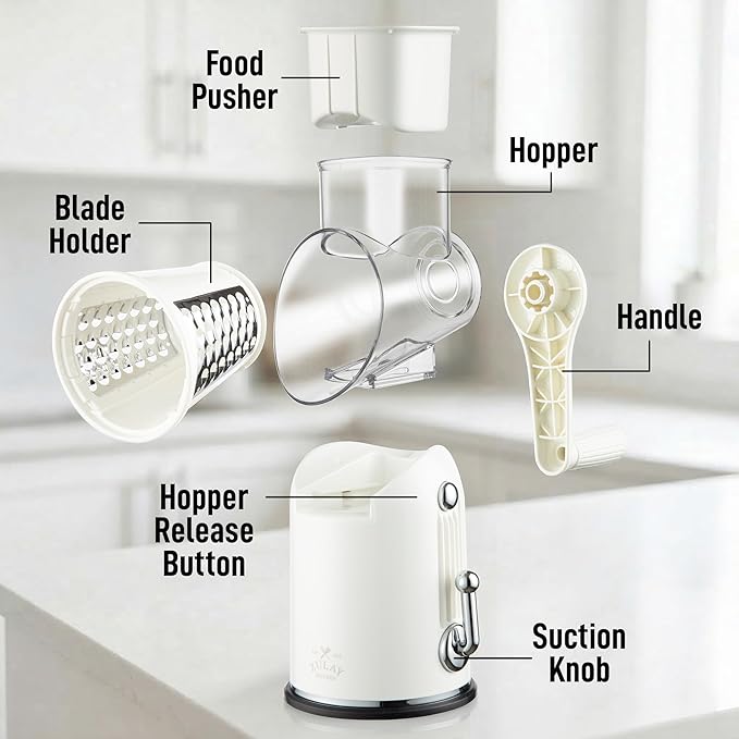 Zulay Kitchen Rotary Cheese Grater 5 Blade Cheese Shredder - Manual Hand Crank Cheese Grater With Reinforced Suction & 5 Interchangeable Drums - Easy to Use, Vegetable Chopper Round Mandoline Slicer