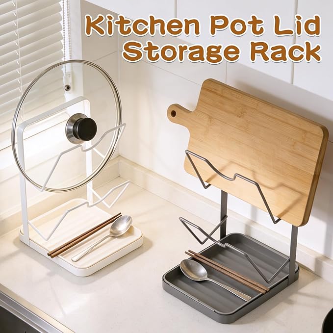 Kitchen Pot Lid Storage Rack, Pot Lid Organizer, Stainless Steel Pot Lid Holder while Cooking, Multifunctional Kitchen Pot Cover Organizer for Countertop(White)