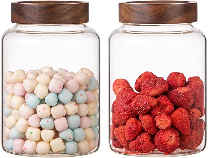 2 PCS Large Glass Jars with Wooden Airtight Lid 60 oz /1800ml,Clear Ground Coffee Bean Storage Canister with Screw Lid Glass Food Contianer for Pantry Sugar Tea Spice Cookies Salts (1800ml/60oz-2PACK)
