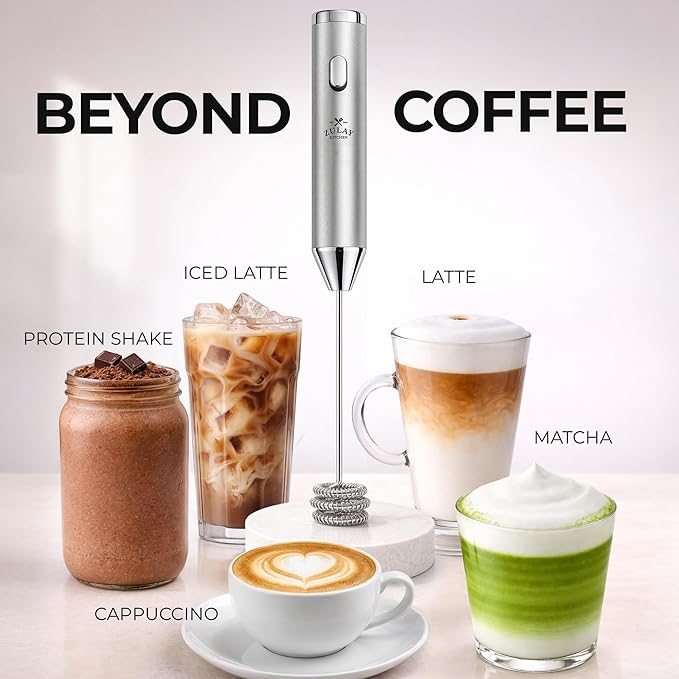 Zulay Kitchen Rechargeable Milk Frother Handheld - Frother Wand, Drink Mixer, Electric Whisk Frother, for Cappuccinos, Matcha & Protein Powder - Ultra Metal 3 Whisk, 1800mAh Silver