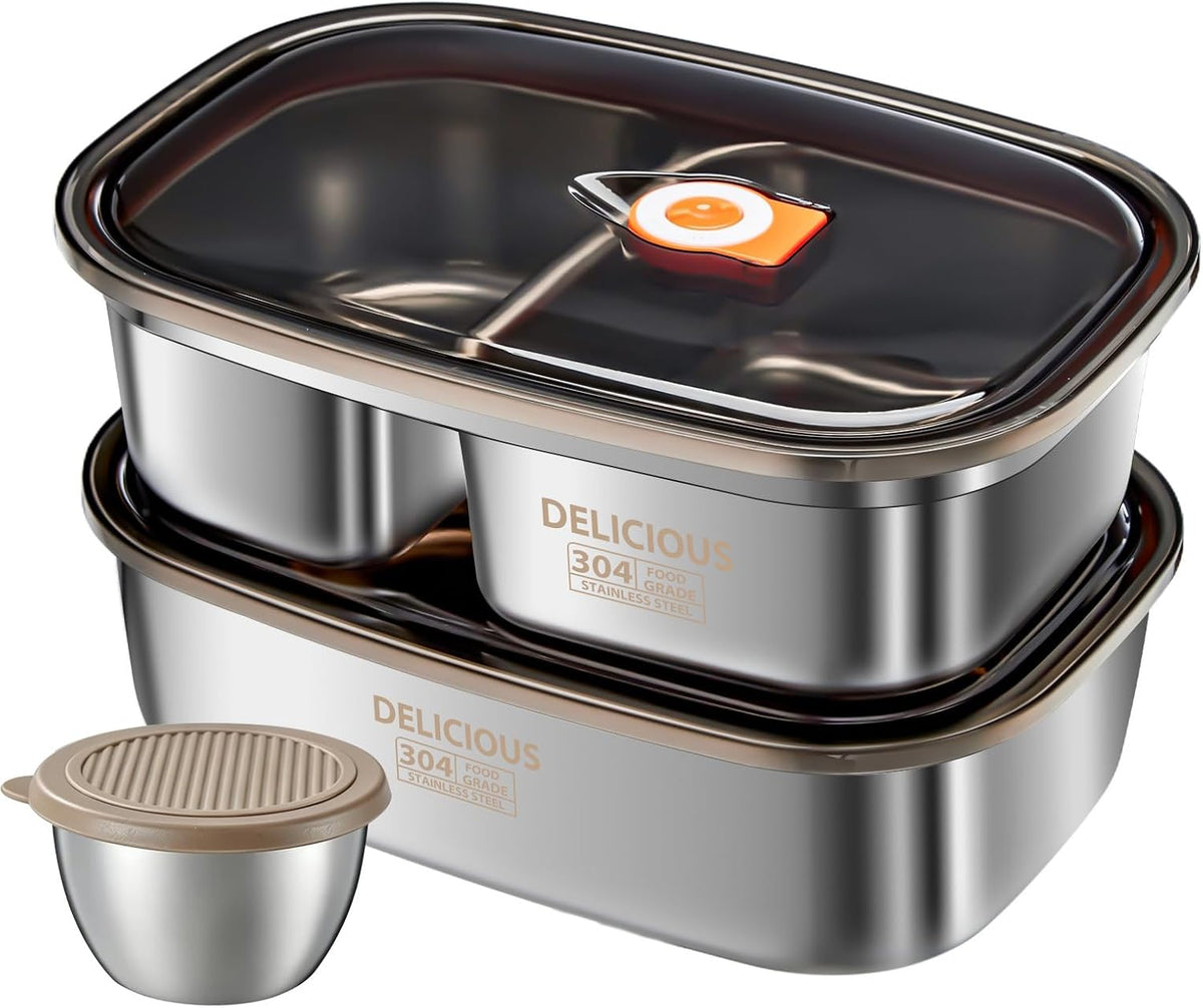 2 Pack Stainless Steel Bento Box with Dressing Cup, 42Oz+57Oz Leakproof Metal Lunch Box for Adult, Lightweight Salad Container for Lunch & Meal Prep, Suitable for Picnic, Work, Outside