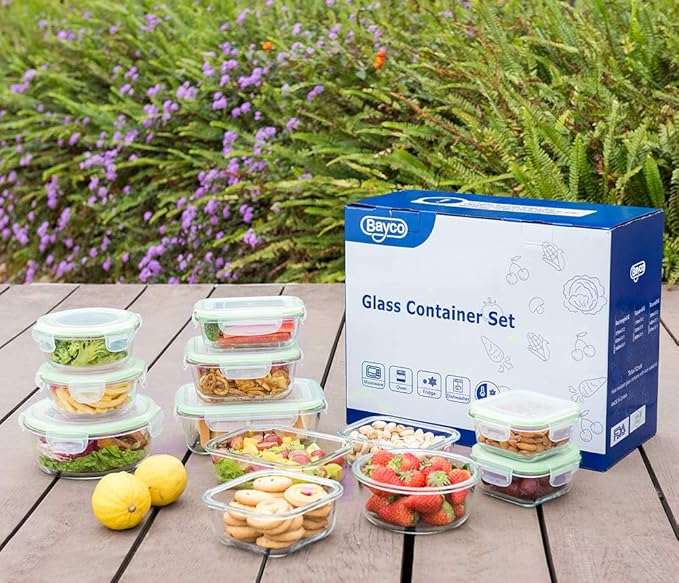 Bayco Glass Food Storage Containers with Lids, [24 Piece] Glass Meal Prep Containers, Airtight Bento Boxes, Leak Proof (12 lids & 12 Containers) - Green