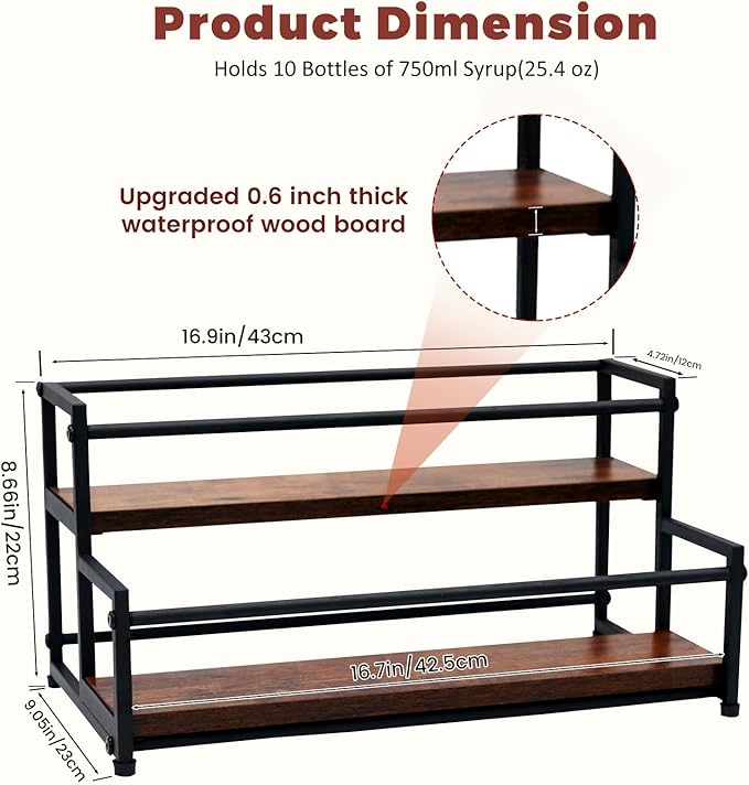 Coffee Syrup Rack Organizer - Metal Bottle Holder for 10 Bottles – Rustic Countertop Display Shelf for Coffee Bar, Kitchen Cabinet, Pantry Storage for Syrups, Liquor, Spice, Tea & Wine (2-Tier)