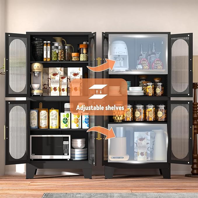 GAIOUS Black Kitchen Pantry Cabinet, Pantry Storage Cabinet with Acrylic Glass Doors and Adjustable Shelves, Tall Versatile Storage for Kitchen, Dining Room, Home Office and Bedroom