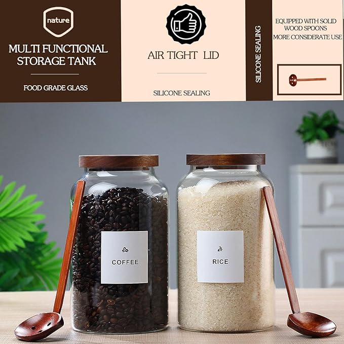 2 Pack Glass Storage Jars with Airtight Wooden Lids, 2700ml Large Clear Kitchen Canisters with Spoon, Food Storage Containers for Flour Sugar Coffee Beans Rice Cereal Pantry Organization