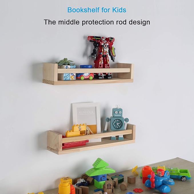 JORIKCHUO Nursery Book Shelves, Set of 2 Wood Floating Book Shelves for Kids Room, Kitchen Spice Rack, or Rustic Wall Mounted Shelves for Farmhouse Bathroom Décor (Natural Wood)