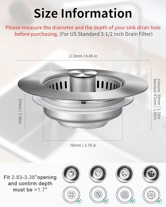 3 in 1 Kitchen Sink Drain Strainer [304 Stainless Steel Pop Up] Anti-Clogging Kitchen Sink Drain Stopper Stainless Steel Efficiently Drainage Odor Filter Sink Plug for Us Standard 3-1/2 Inch