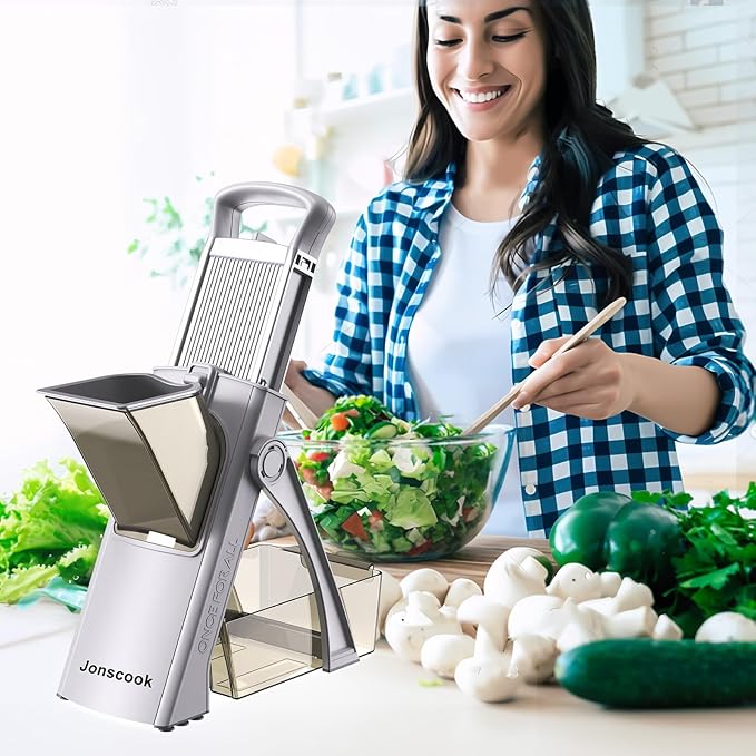 Jonscook All-in-1 Upgraded Safe Mandoline Slicer for Kitchen, with Handheld Spiralizer, Food Chopper with Container, Thickness Adjustable Vegetable Chopper, Potato French Fry Cutter (High-grade Gray)
