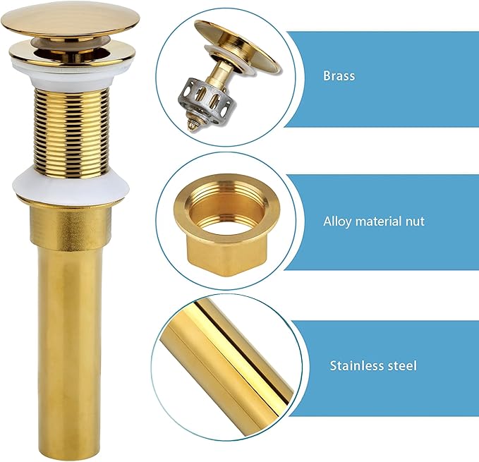 Rockgoya Bathroom Sink Drain, 2 Pack Gold Drain Stopper Bathroom Sink Without Overflow, Pop Up Drain Assembly with Detachable Strainer Basket, Built-in Anti-Clogging Strainer,Stainless Steel