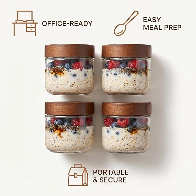 Danmu 8 oz Overnight Oats Containers with Lids,Salad Jar,Glass Jar with Wooden Lid 6 Pack,Mason Jars 8 oz with Lids for Snack,Overnight Oats,Meal Prep,Yogurt,Parfait,Soup,Salad 100% Leak-proof