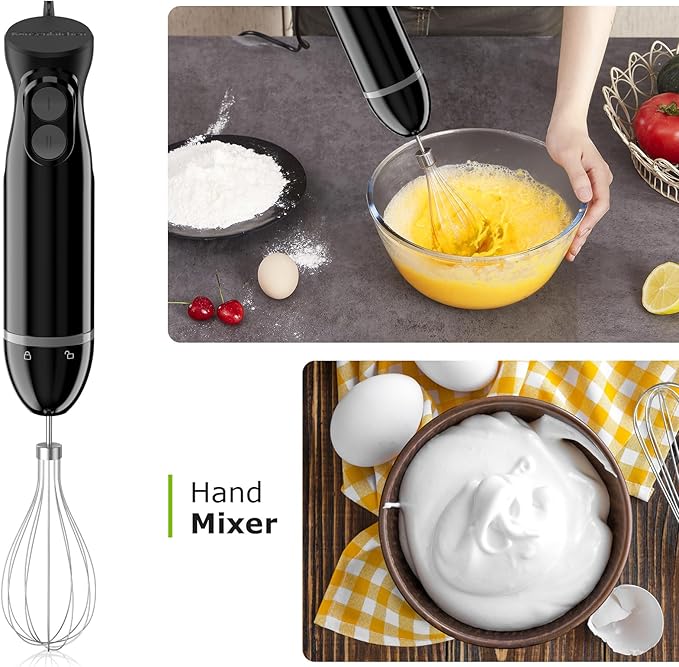 Bonsenkitchen Immersion Blender Handheld, 2 Mixing Speed Hand Blender Electric with Sharp Blades, 3-In-1 Hand Held Stick Blender with Egg Whisk, 24oz Beaker for Soups, Smoothies, Sauce