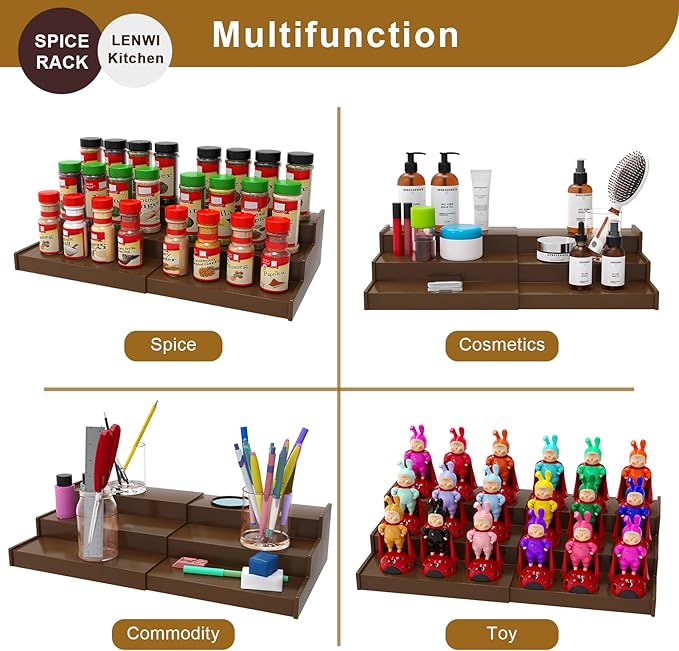 Lenwi Spice Rack Organizer for Cabinet, 3 Tier Expandable Bamboo Spice Storage for Kitchen Cupboard Pantry, Brown