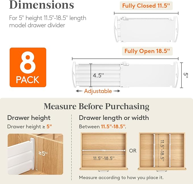 Lifewit 8 Pack 5" High Drawer Dividers for Clothes, 11.5"-18.5" Expandable Dresser Drawer Organizers, Adjustable White Plastic Separators for Kitchen, Cabinet, Nursery, Socks & Underwear Storage