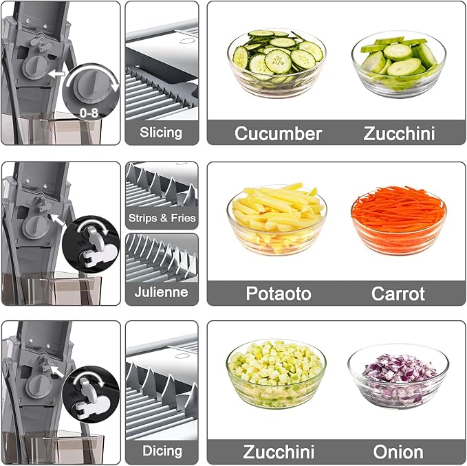 Jonscook All-in-1 Upgraded Safe Mandoline Slicer for Kitchen, with Handheld Spiralizer, Food Chopper with Container, Thickness Adjustable Vegetable Chopper, Potato French Fry Cutter (High-grade Gray)