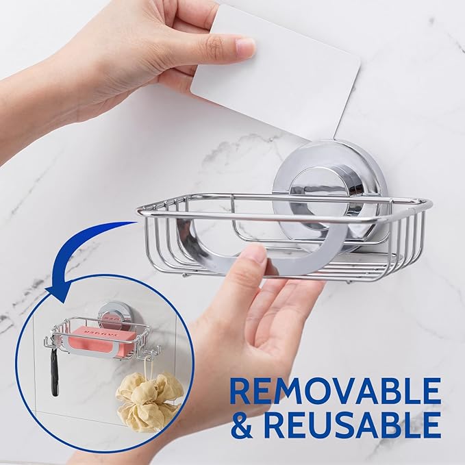 Soap Dish, Soap Bar Holder for Shower Suction Cup with 4 Hooks Wall Mounted, Stainless Steel No-Drilling Removable Waterproof Sponge Holder for Bathroom Bathtub Kitchen Sink, Silver