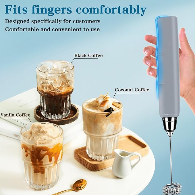 BSRGMS Milk Frother Handheld for Coffee, Electric Whisk 3 Speed Adjustable, Drink Mixer with Stainless 3 Whisks, Rechargeable Hand Frother Wand, for Latte Cappuccino Hot Chocolate Egg Cement Gray