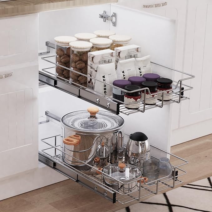 Pull Out Cabinet Organizer 15" W X 22" D, Slide Out Drawers For Kitchen Organizers and Storage, Pull Out Drawers For Cabinets Capacity Heavy Duty Caddy, Cabinet Shelves Chrome-Plated, Bathroom Pantry