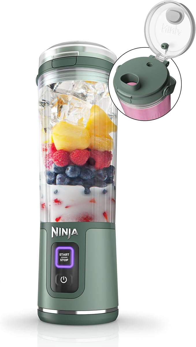 Ninja BC151EM Blast Portable Blender, Cordless, 18oz. Vessel, Personal Blender-for Shakes & Smoothies, BPA Free, Leakproof-Lid & Sip Spout, USB-C Rechargeable, Dishwasher Safe Parts, Forest Green (Renewed)