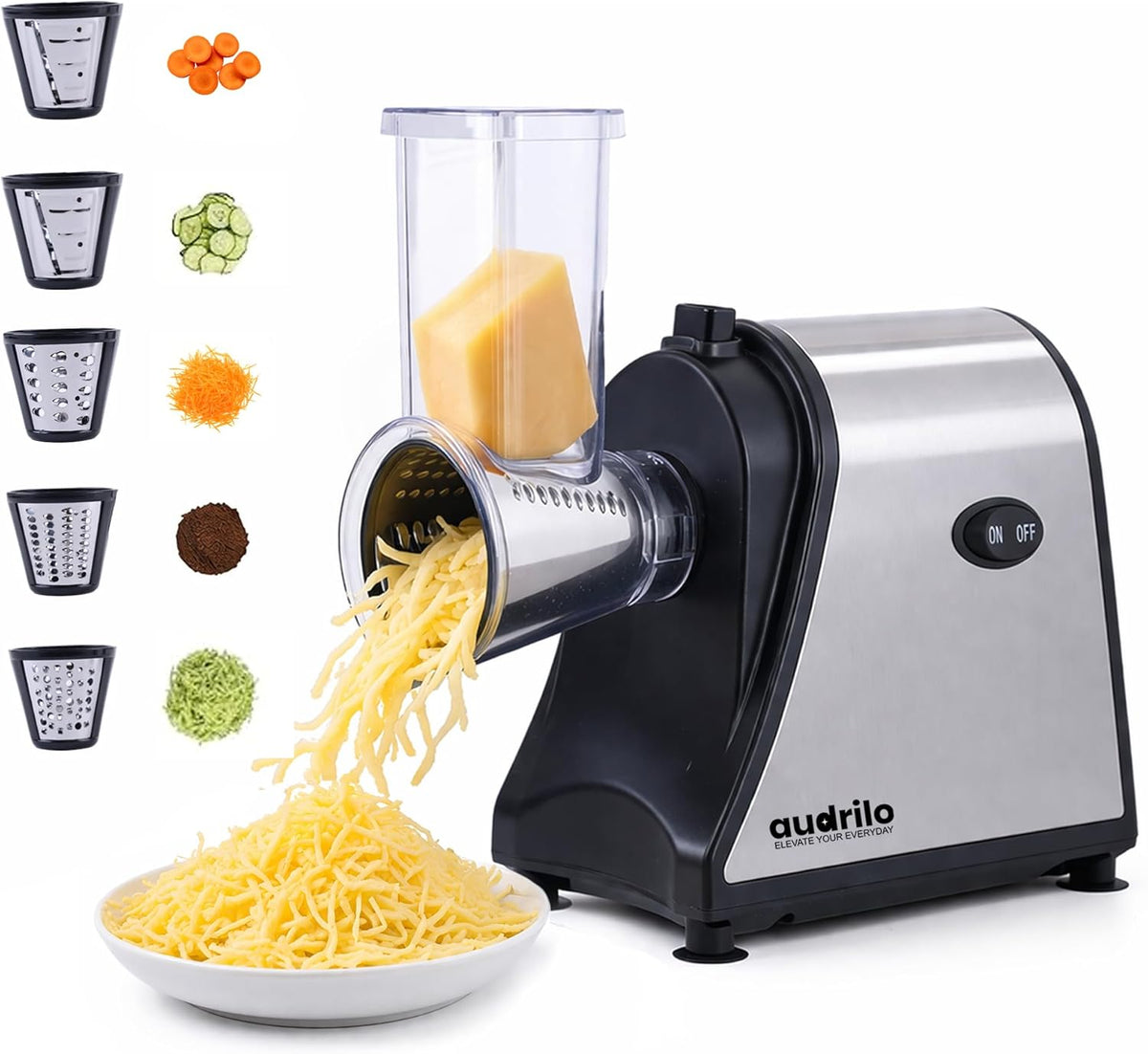 Electric Salad Maker & Cheese Grater, 5-in-1 Electric Vegetable Slicer with Interchangeable Stainless Steel Blades, Electric Food Processor for Cheese, Fruits & Vegetables, Electric Grater