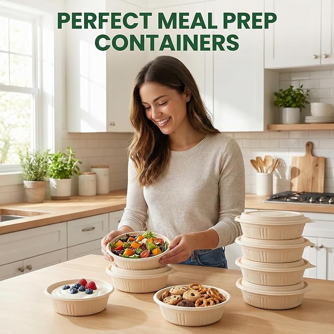 Glotoch Express 16 oz-200 Pack Meal Prep Bowl Containers with Lids,Cornstarch Round Food Containers for Lunch Salad Deli Soup, BPA Free Plant-based Take Out Containers