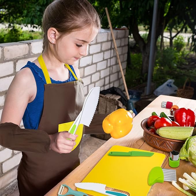 14 Pieces toddler knife, Kids Knife Set Include Wood Kids Safe Knife, Plastic Toddler Knife, Cutting Board, Apron, Y Peeler, Crinkle Cutter, Kitchen Sleeves Covers, Gloves, Sandwich Cutter