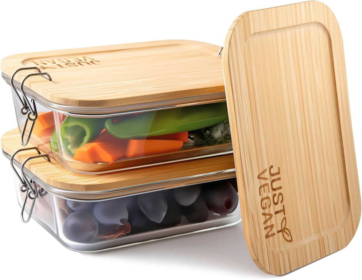 Airtight Glass Food Storage Containers with Bamboo Lids, Set of 2 Secure-Seal Containers for Meal Prep, 100% Leakproof, Plastic Free, Oven & Microwave Safe (2 Pack)