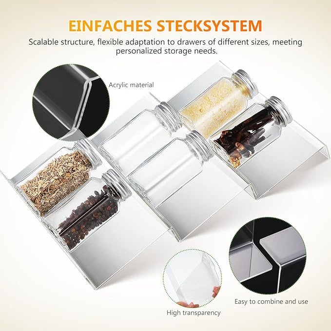 Cabilock 4 Pack Expandable Spice Drawer Organizer, Clear Acrylic 4-Tier Seasoning Rack Tray for Kitchen Drawers, Cabinets, Countertop, Pantry, Nail Polish and Small Bottles