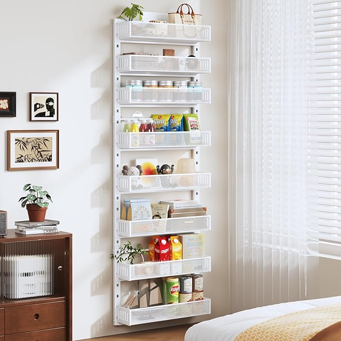 Pantry Door Organizers and Storage,8-Tier Large Wide Metal Heavy-Duty Frame Over the Door Spice Rack, 2 in 1 Wall-Mounted or Hanging shelf for Kitchen, Bathroom, Laundry Room, Bedroom, Closet &Nursery