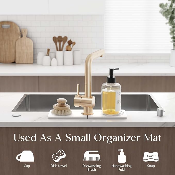 eormoe Diatomite Kitchen Faucet Mat - 14Inch Water Absorbing Stone Tray for Sink, Stone Fast-Drying Faucet Mat for Kitchen Counter Sink Accessories (Light Grey, 14'' x 3.9'')