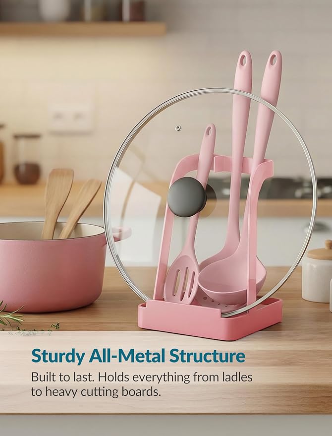 NiHome Kitchen Utensil Holder for Pot Lids & Spoons Pink Kitchen Accessories with White Diatomite Drip Tray, Non-Slip Base, Metal Cooking Spoon Rest, 3.9"x3.9"x6" Countertop Organizer (Pink)