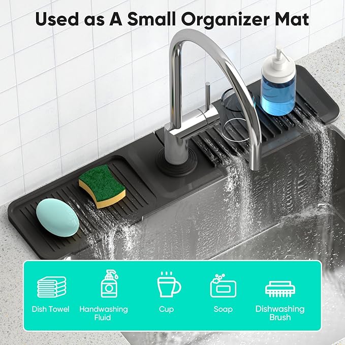 24 Inch Longer Faucet Mat for Kitchen Sink, 5° Slope Fast Self-draining, Kitchen Sink Splash Guard Silicone Sink Faucet Mat Splash Guard Kitchen Sink Area Tidy Splash Faucet Guard Draining Mat