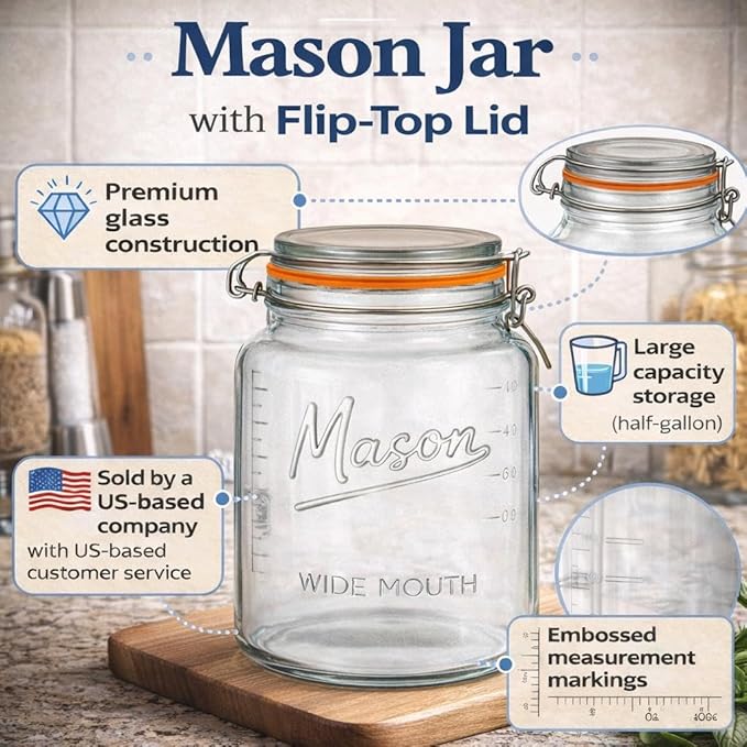 kitchentoolz Large Glass Mason Jars with Airtight Lids - Half Gallon Food Storage & Canning Jars with Measurement Markings - Kitchen Pantry Containers for Flour, Sugar & Dry Goods - 64 oz (4pk)